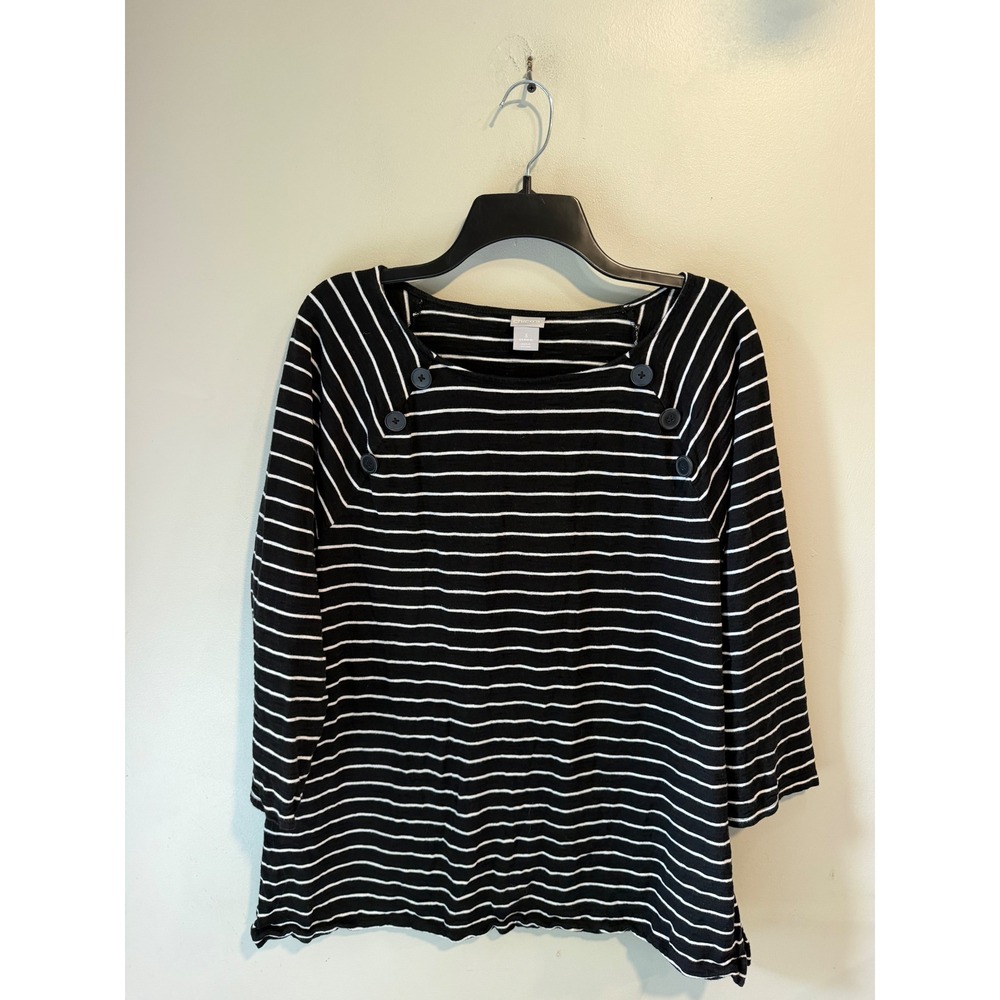 Chicos Striped Boat Neck Button Shoulder Top Black White Size 3‎ XL